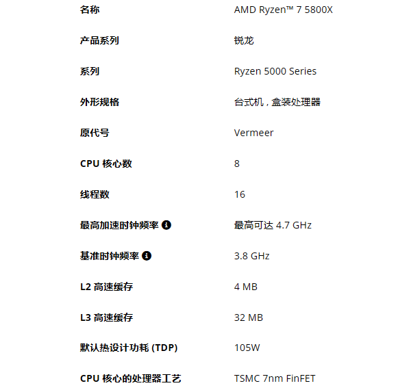 AMD Ryzen 7 5800X参数